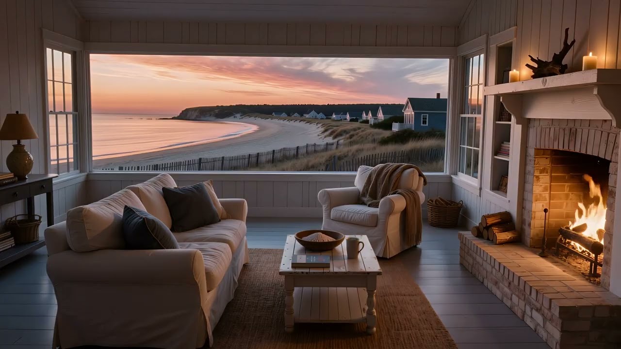 Beach House Fireplace 🌊🔥 | Cozy Coastal Living Room Overlooking the Dunes & Sea at Sunset