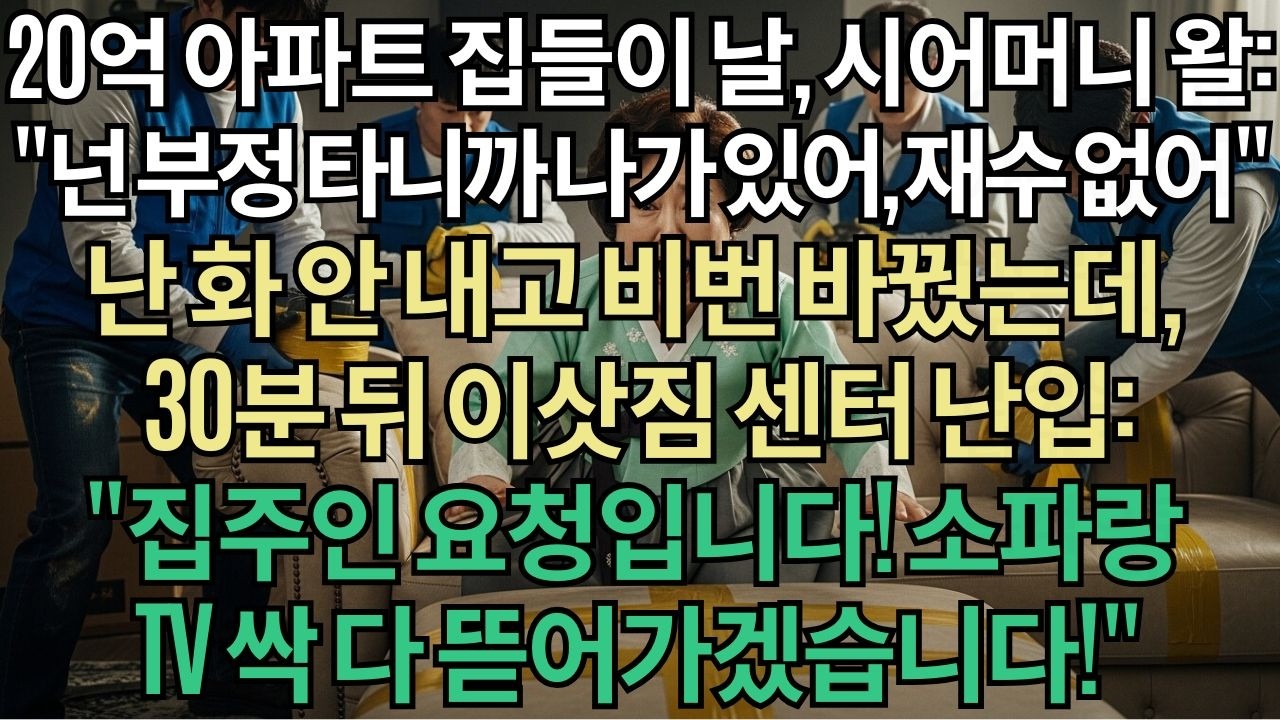 내 명의 20억 아파트 집들이 날, '재수 없으니 안방엔 얼씬도 마라'는 시어머니... 이삿짐 센터 불러서 가구 싹 다 뺐더니 거실에서 대성통곡하네요.|고부갈등