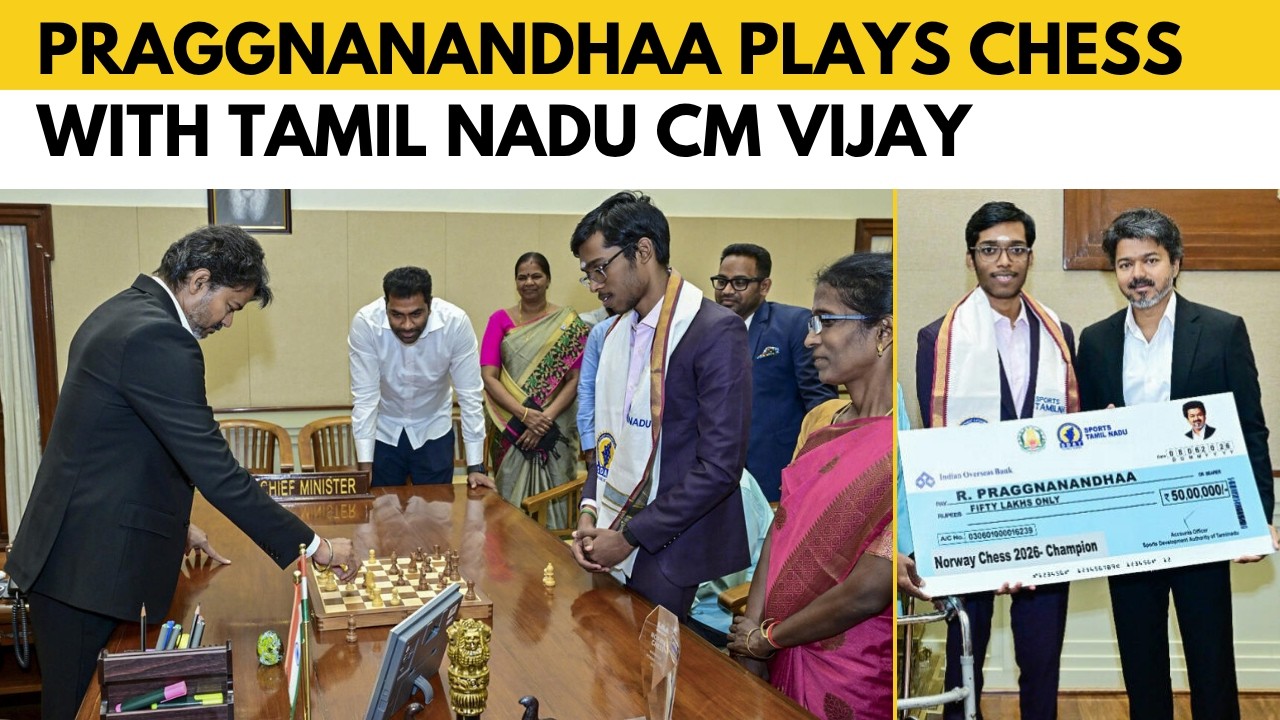 CM Vijay Plays Chess with Praggnanandhaa, Awards ₹50 Lakh for Norway Triumph