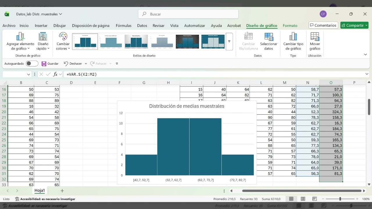 Distribución de medias y varianzas muestrales en excel