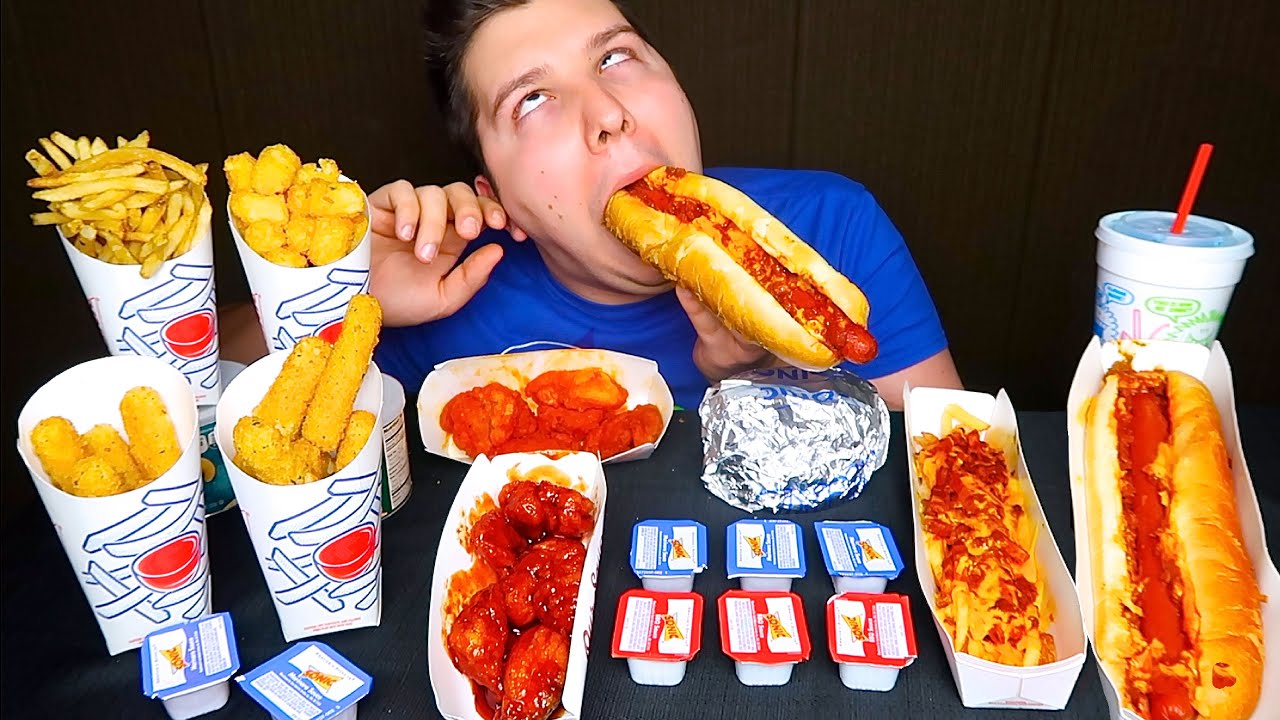 Chili Cheese Fries, Boneless Wings, Double Cheeseburger & Tater Tots • Sonic Drive-In • MUKBANG