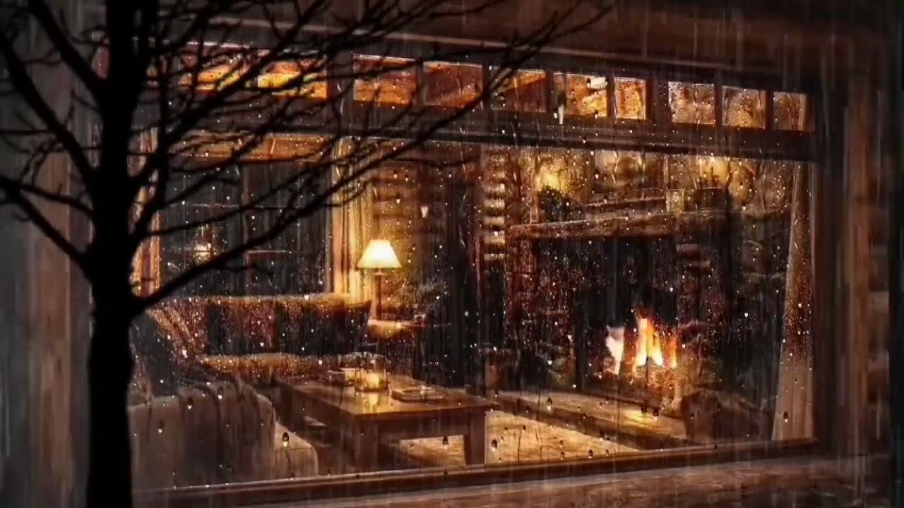 Rainy Night in a Cozy Cabin Fireplace | Dark Screen Relaxing Rain Sounds for Sleep⚡🌲