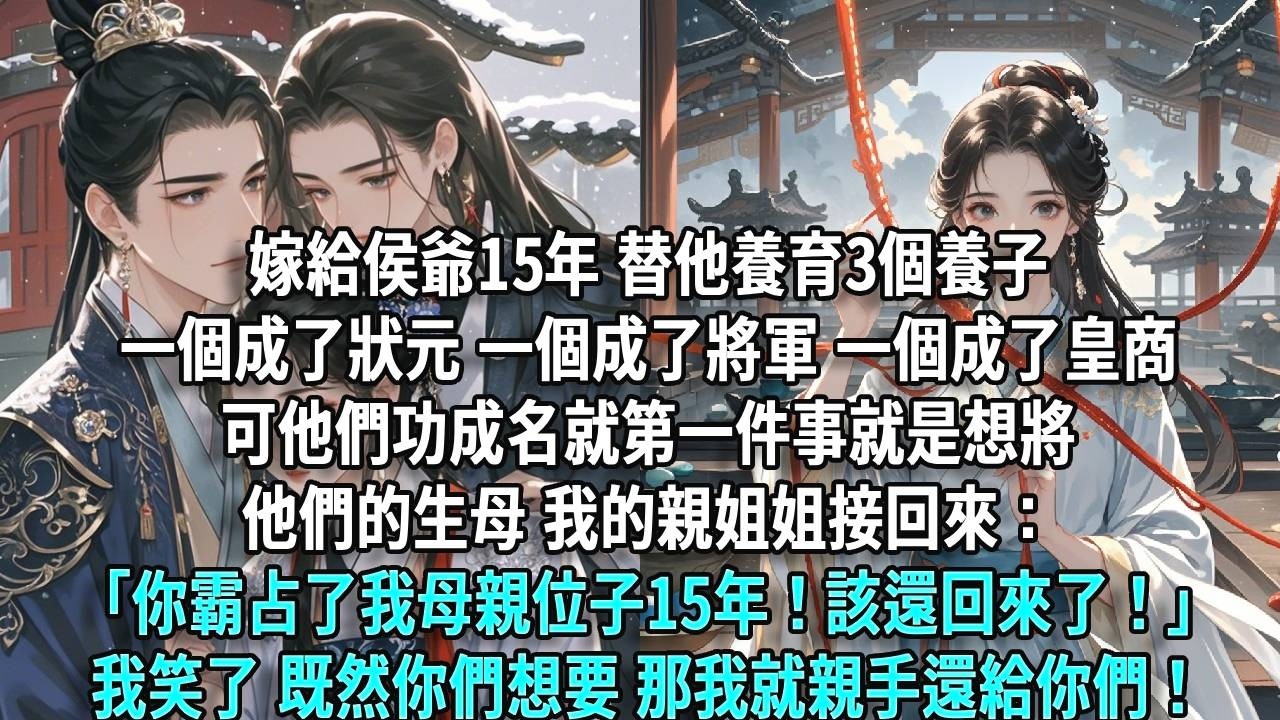 嫁給侯爺15年，替他養育3個養子，一個成了狀元，一個成了將軍，一個成了皇商，可他們功成名就第一件事就是想將他們的生母，我的親姐姐接回來：「你霸占了我母親位子15年！該還回來了！」我笑了，既然你們想要