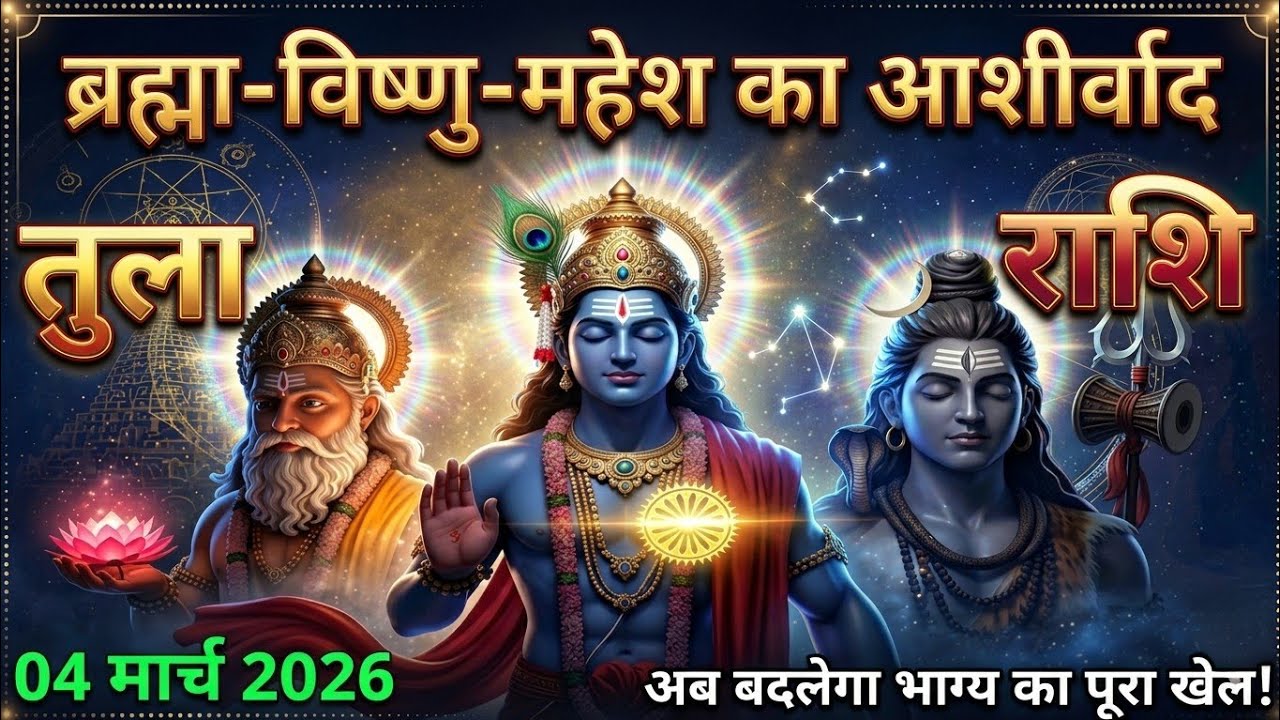 तुला राशि, 04 मार्च 2026 अब बदलेगा भाग्य का पूरा खेल ब्रह्मा-विष्णु-महेश का आशीर्वाद ।