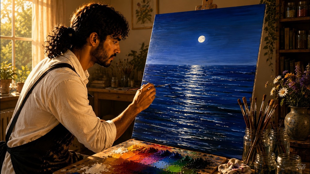 Beautiful Moonlight Ocean Acrylic Painting | Step-by-Step Acrylic Tutorial for Beginners #419