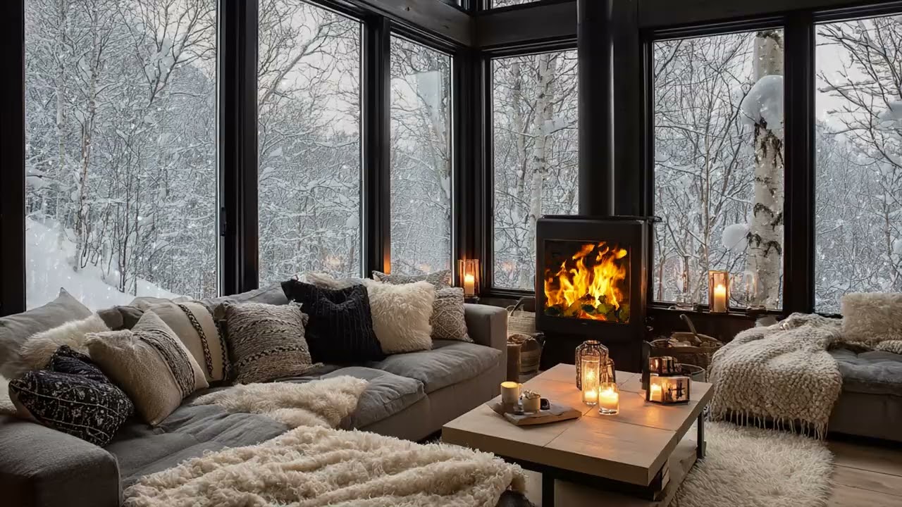 Cozy Living Room Fireplace Glowing Warmly While Snow Falls Beyond Frosted Window