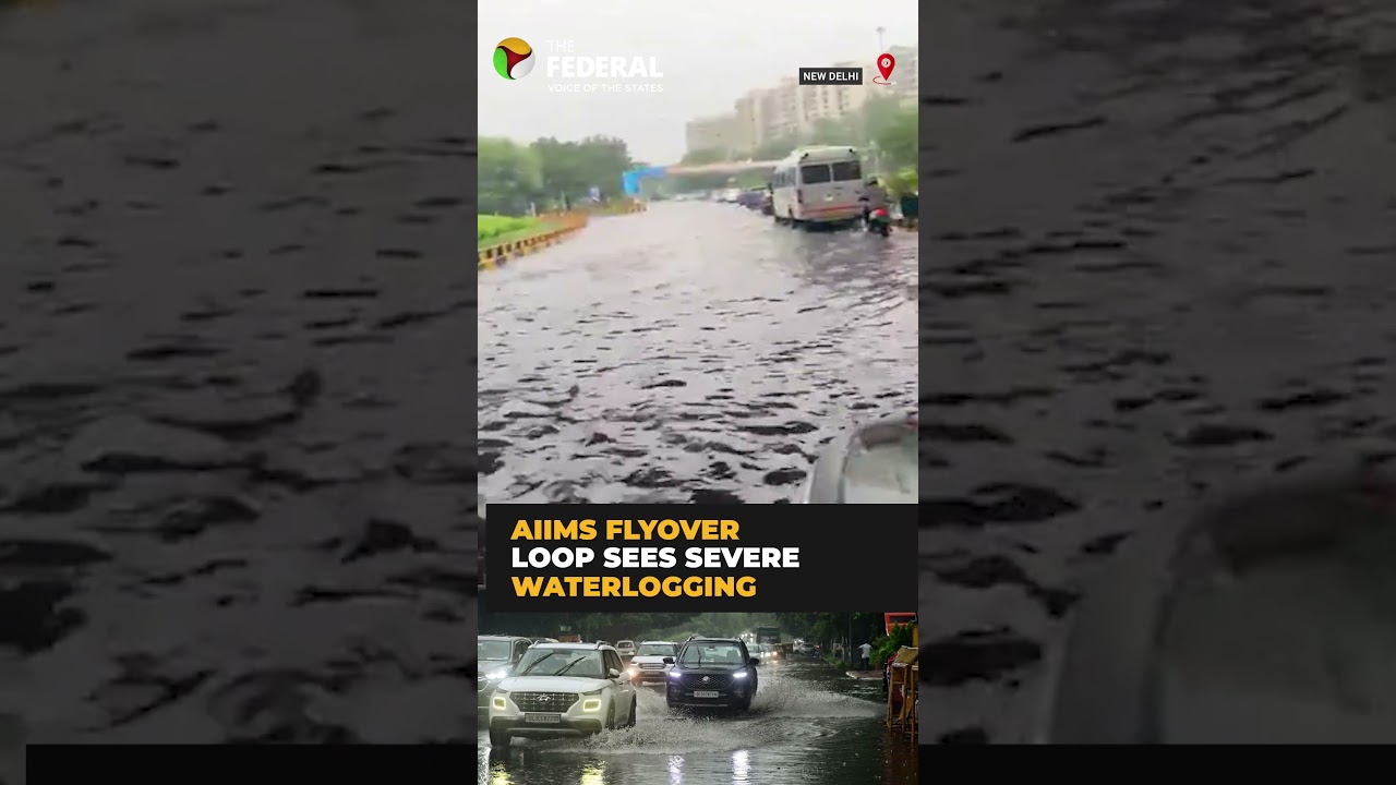 Heavy rain floods AIIMS flyover loop in Delhi | #shorts