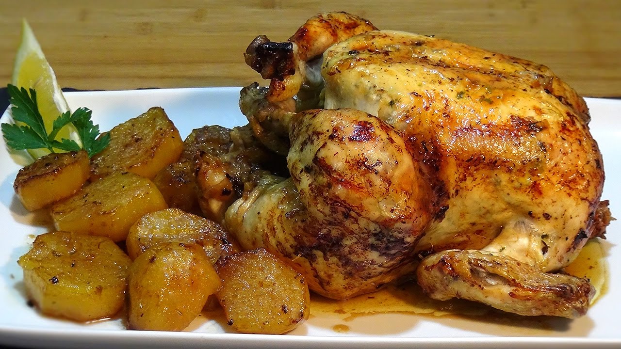 Receta Pollo asado sentado acompañado de patatas - Recetas de cocina, paso a paso, tutorial