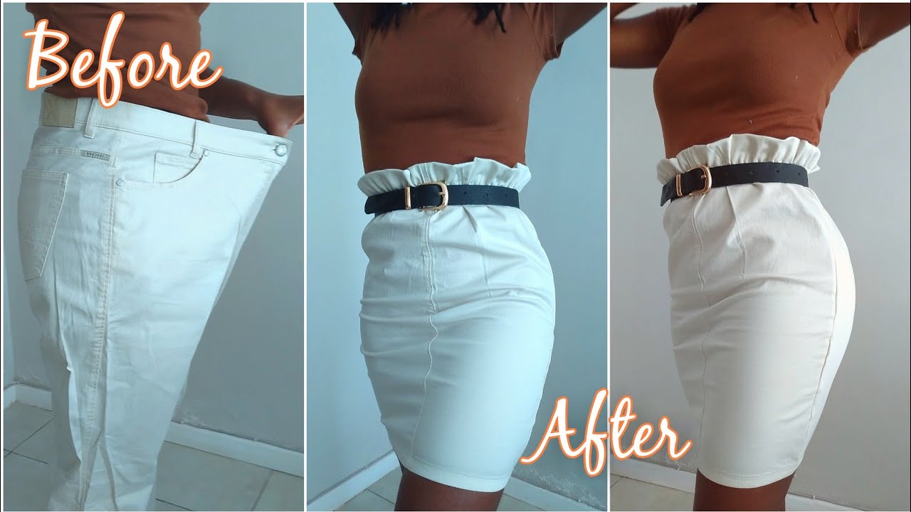DIY PAPER BAG SKIRT FROM PANTS-Upcycle | How to sew paper bag waist elastic skirt | Thrift flip|