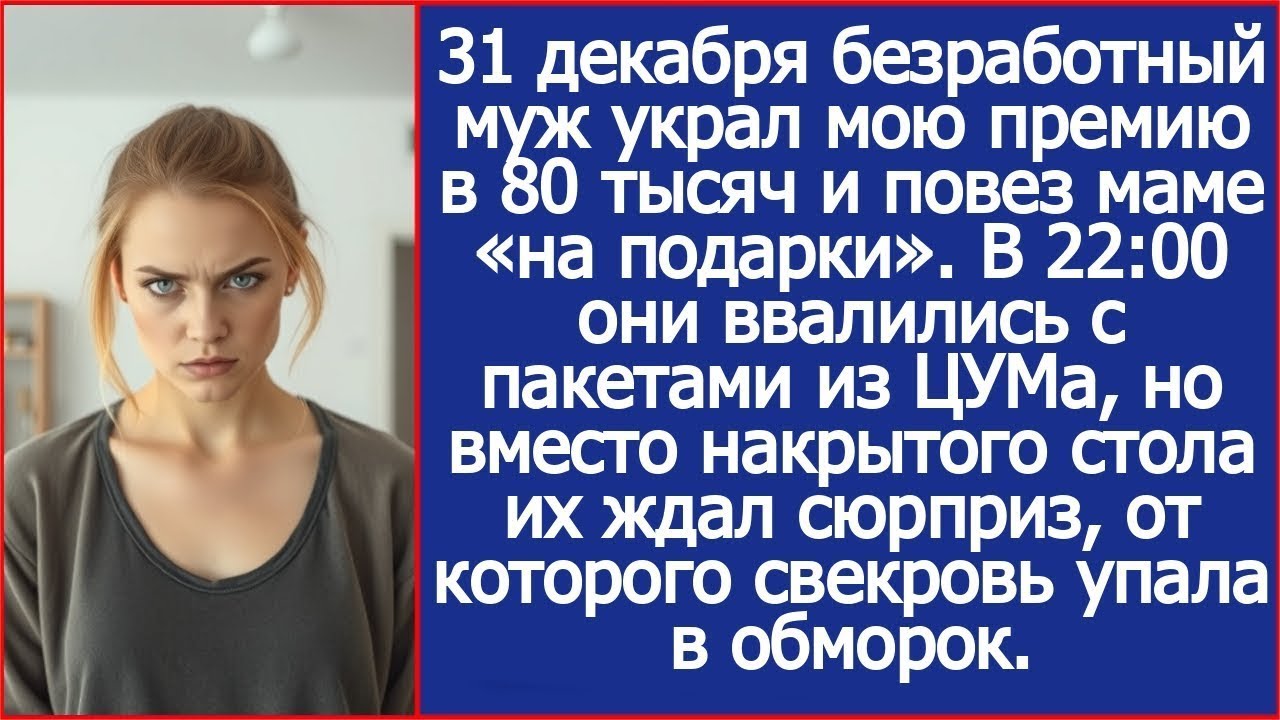 Муж украл мою премию 80 тысяч и повез маме в ЦУМ! 31 декабря они вернулись, но стола не было.