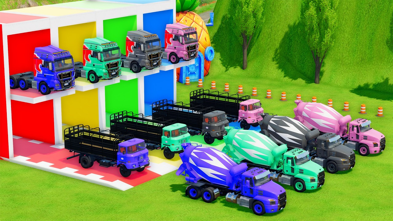 Garage with Colors - ALL MIXER TRUCK WITH DOUBLE FLATBED TRAILER TRUCK, MACK, IFA, MAN - FS22