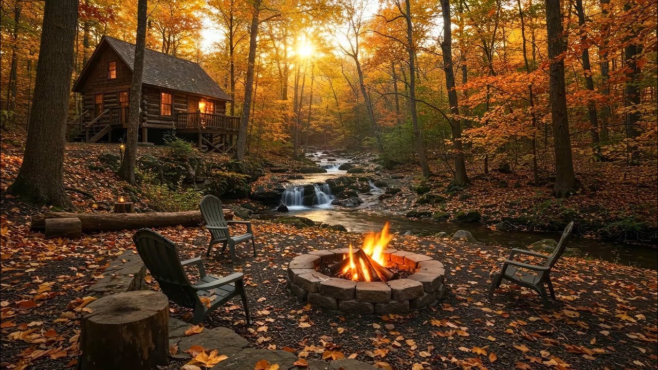 The Sound of Peace 🍁 | Cozy Cabin Morning in the Autumn Woods with Fire & Birds