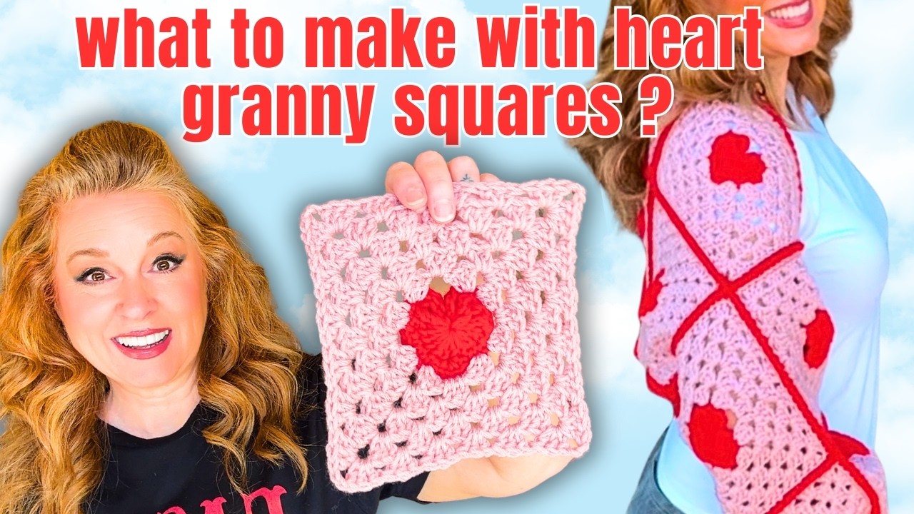Crochet Valentine's Day shrug, Heart Granny square projects, Pink and red crochet scrunchie, ❤️ vlog