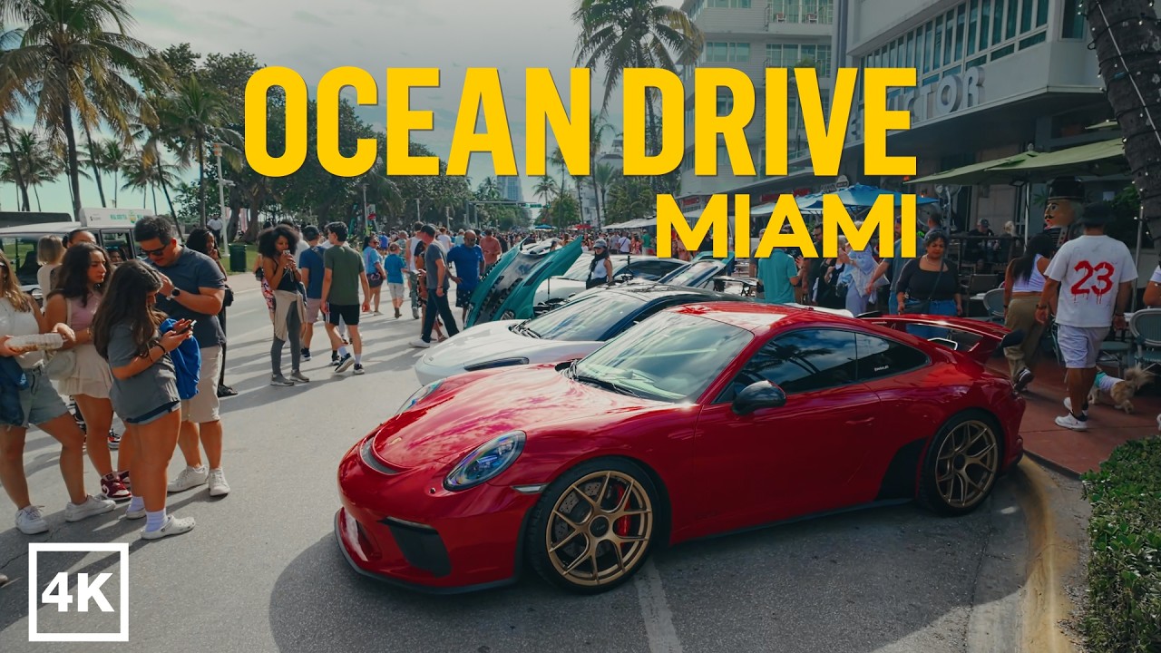 Ocean Drive Miami Beach Walking Tour ☀️ Sunny Day, Ferrari Car Show & Art Deco Vibes [4K]