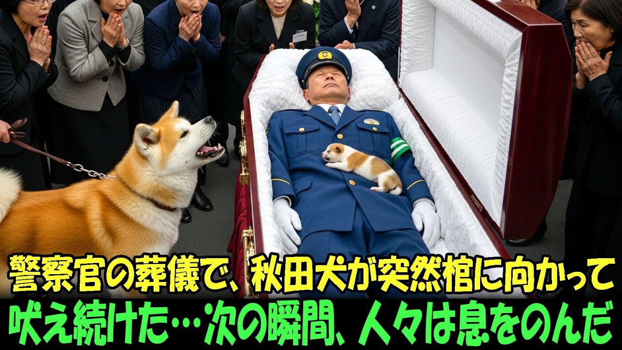 【奇跡の実話】警察官の葬儀で、秋田犬が棺に向かって激しく吠え始めた…。人々が棺の中を覗いた瞬間、恐ろしい真実が明らかになった！