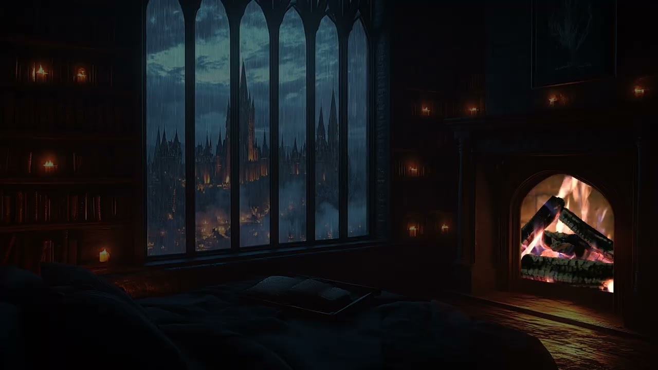 Stormy Night Castle Beyond the Window | Warm Fireplace Bedroom Glow | Rain Atmosphere for Focus