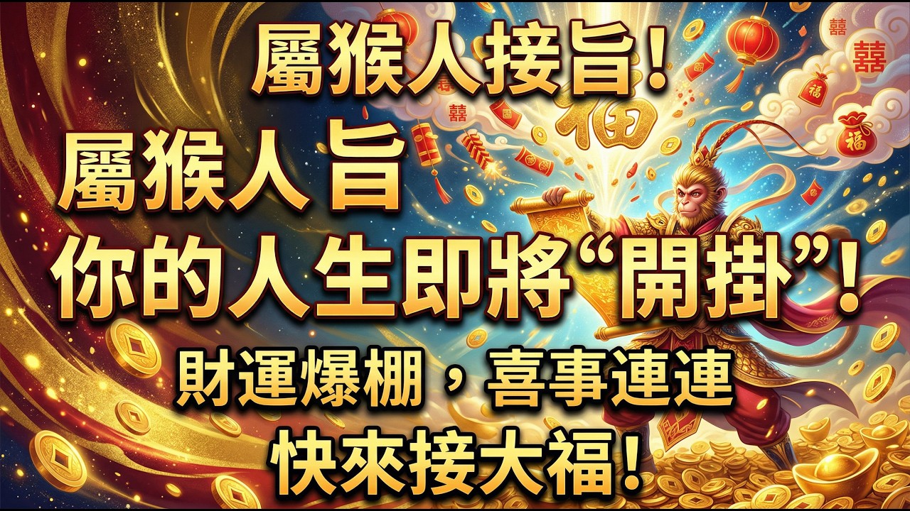 屬猴人接旨！你的人生即將&ldquo;開掛&rdquo;！財運爆棚，喜事連連，快來接大福！#屬猴 #丙申猴 #猴年運勢 #生肖運勢 #生肖#運勢 #命理 #八字 #財運 #轉運 #風水#改運#2026運勢 #2026年運勢