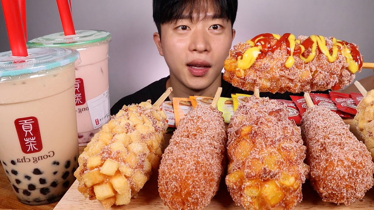 바삭바삭 명랑핫도그 인기세트... 공차 블랙밀크티 딸기주얼리밀크티 같이 먹어보겠습니다! 먹방 ASMR MUKBANG CORN DOGS GONGCHA EATING SHOW