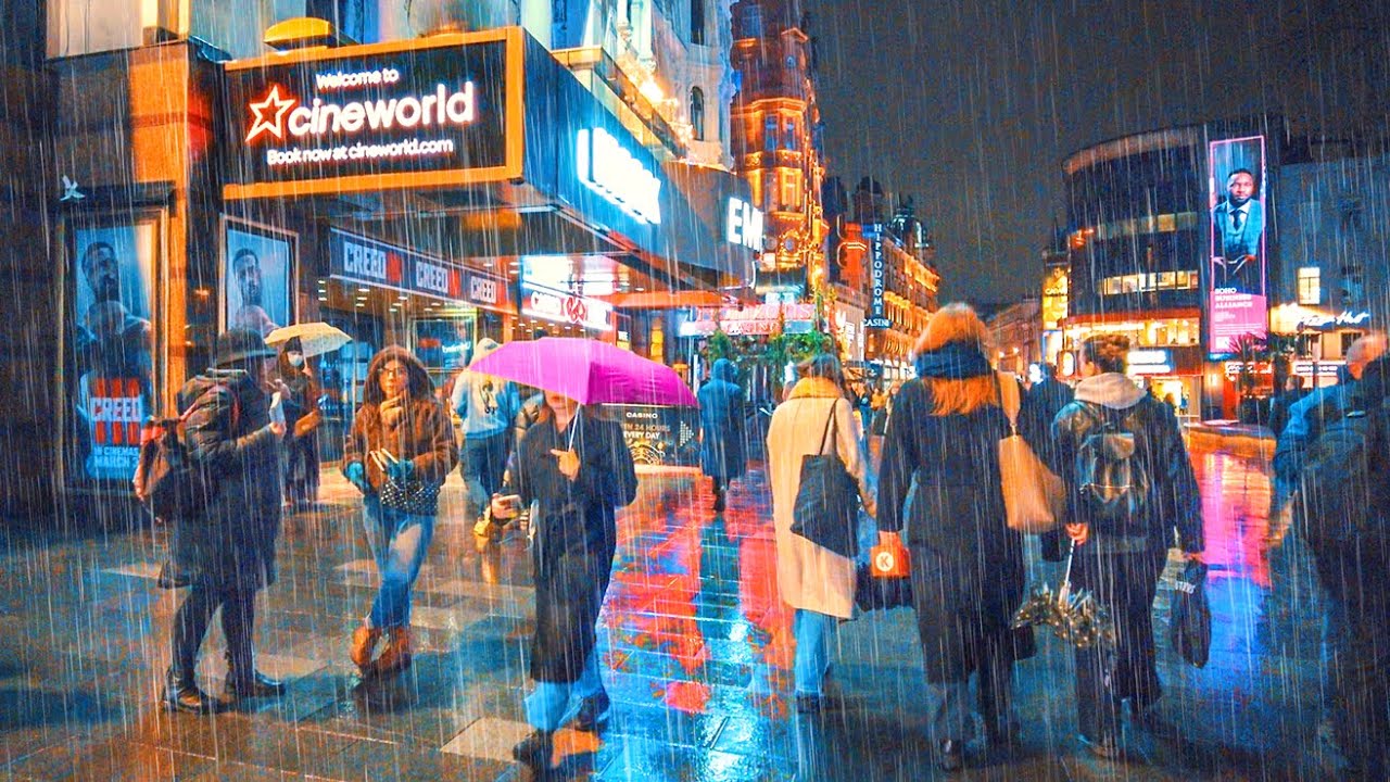 Rainy London Night Walk through the West End Wet City Streets - 4K 60FPS