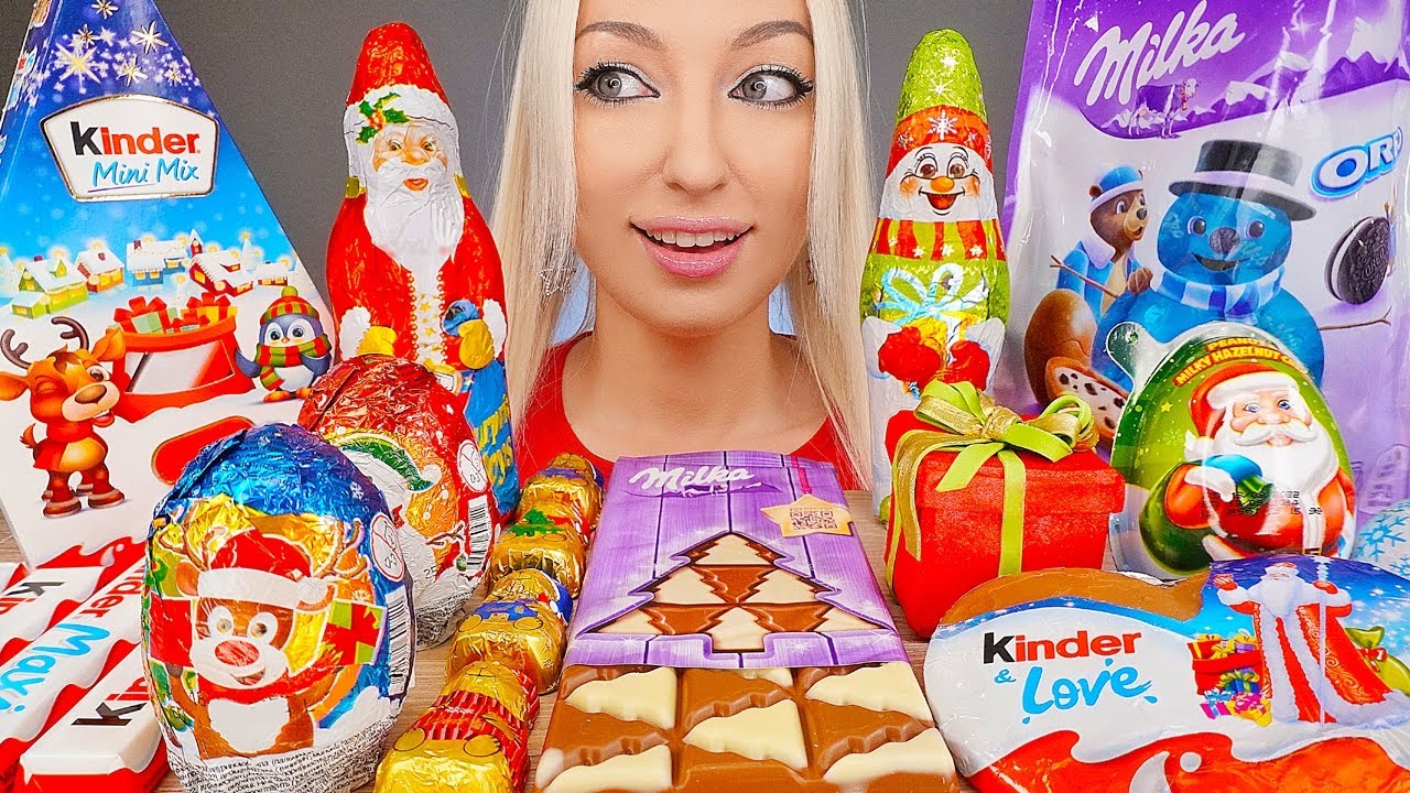 ASMR EATING CHRISTMAS CHOCOLATE CANDY BARS, KINDER, MILKA LINDT 초콜릿 크리스마스 (SWEET FOOD) MUKBANG먹방, 4K