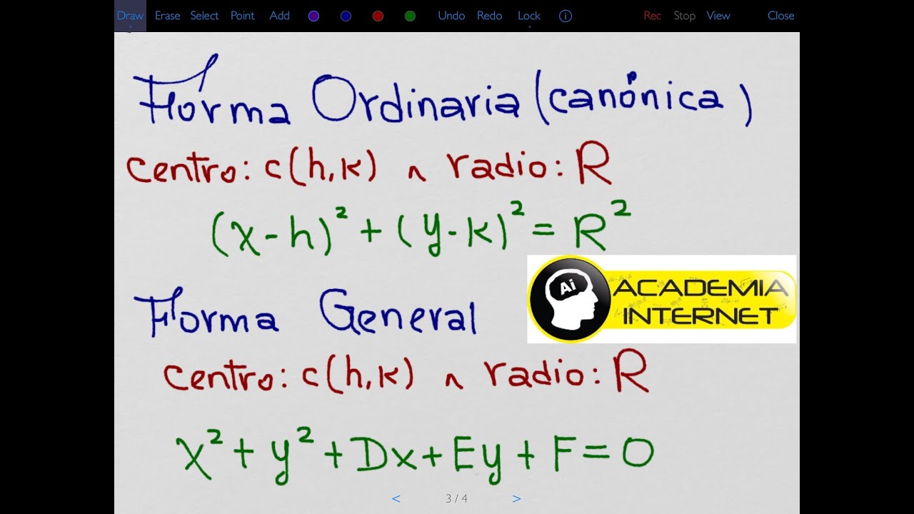 Circunferencia como lugar geométrico, forma ordinaria, general, elementos