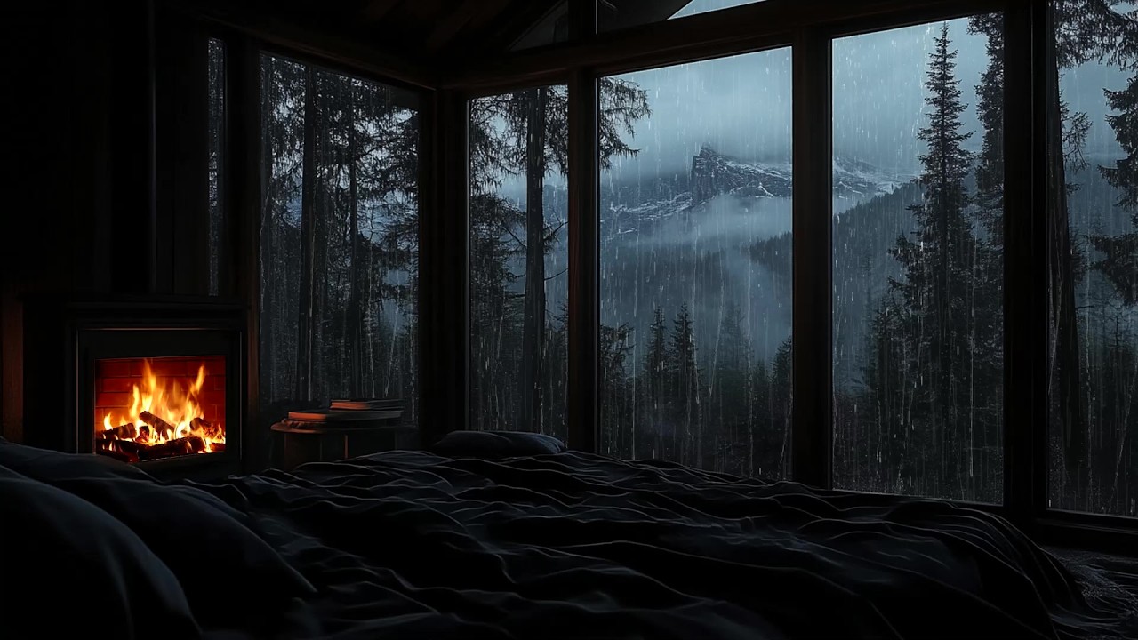 🎹🌲 Dark Forest Rain Piano | Warm Fireplace Night | Deep Focus, Study Session & Peaceful Sleep