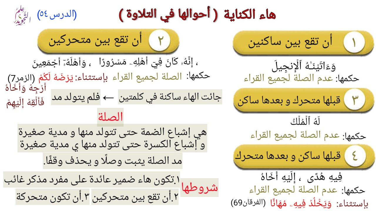 هاء الكناية / الدرس ٥٤ / علم التجويد برواية حفص عن عاصم
