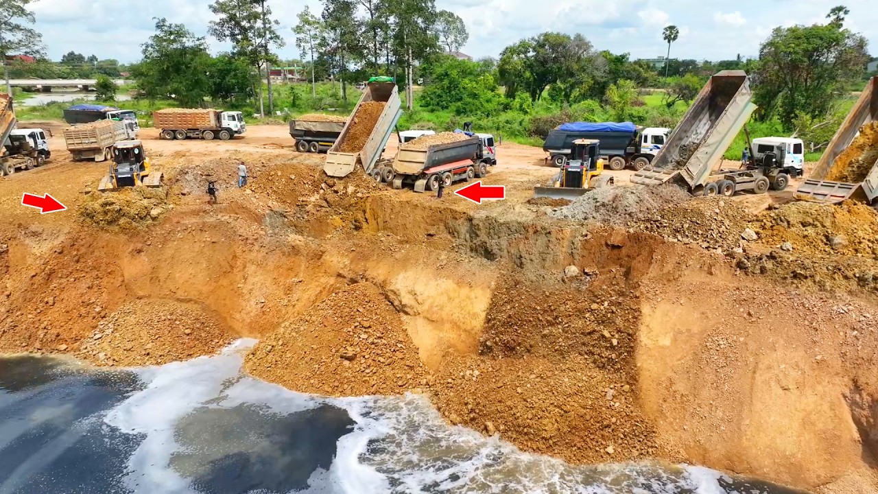 Oh Amazing Activities Use Big Bulldozer 2 & Many Dump Truck Unloading Stone Back Fill Big Pond