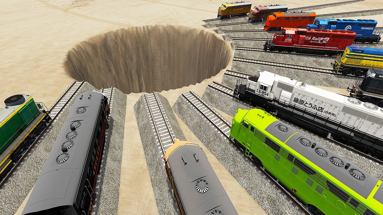 12 Trains vs Impossible Massive Pit - BeamNG.Drive