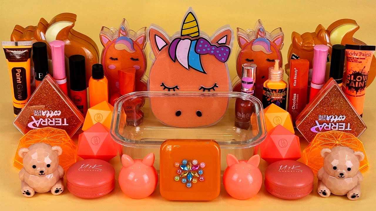 ORANGE SLIME. Mixing makeup and glitter into Clear Slime. Satisfying Slime Videos 2160p.