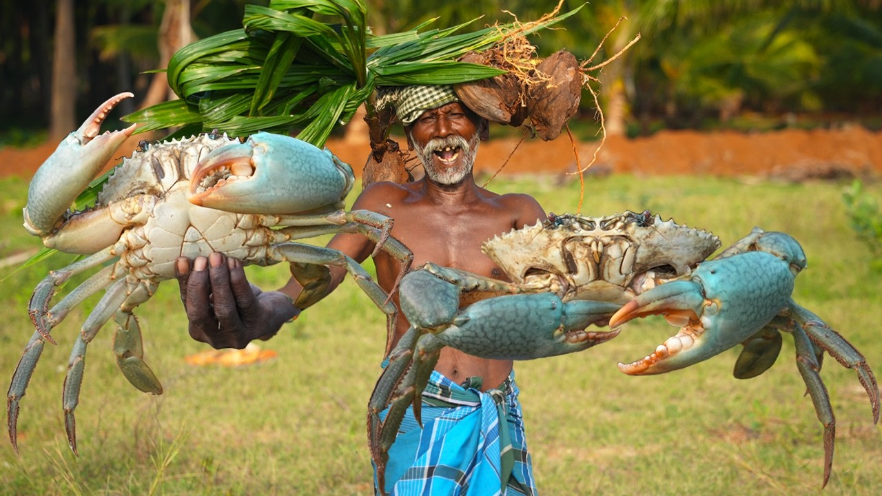 MONSTER MUD CRABS with BABY COCONUT | தென்னங்கண்ணில் சமைத்த கலி நண்டு | Village Grandpa Show