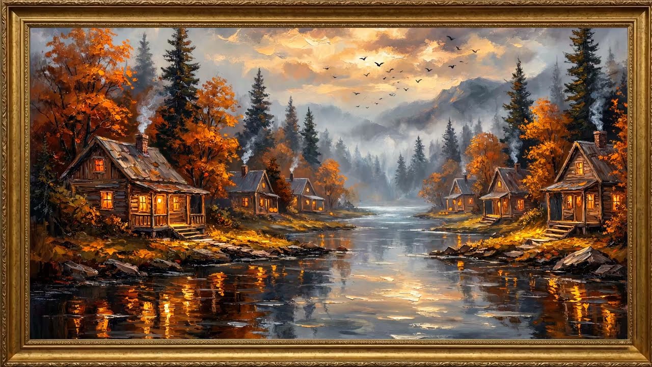 2 Hours Autumn Village River Painting Screensaver | Fall Oil Painting | Gold Framed for TV 4K