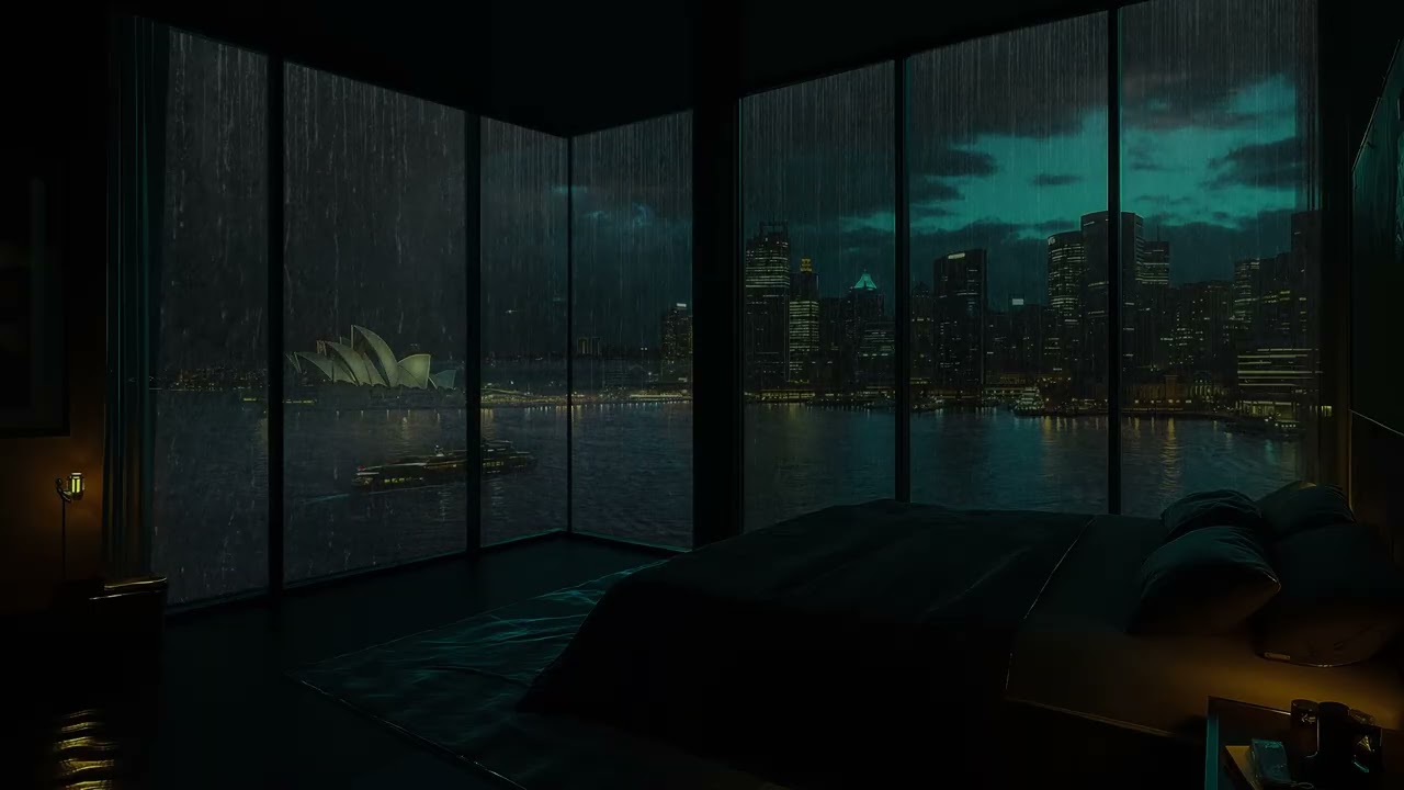 Relaxing Rainy Night at a Luxury Apartment 🌧️ Rain on Window & Warm Fireplace