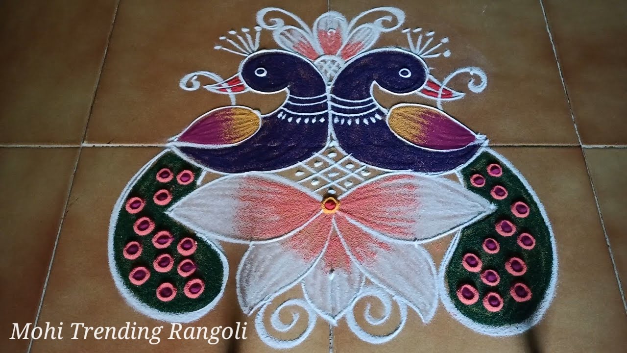 beautiful peacock rangoli | small mayil kolam | creative birds rangoli @MohiTrendingRangoli