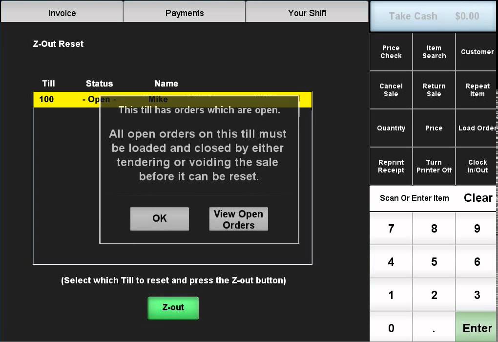 Closing Orders before a Z Out Reset for Retail POS