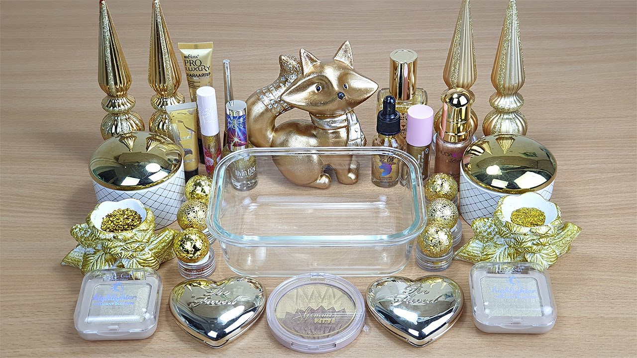 GOLD SLIME Mixing makeup and glitter into Clear Slime Satisfying Slime Videos