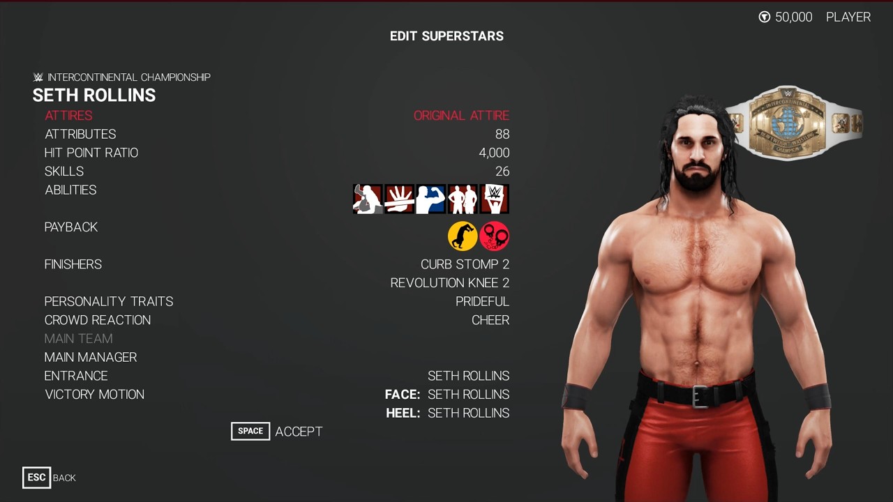 WWE 2K19 Seth Rollins Stats & Attributes