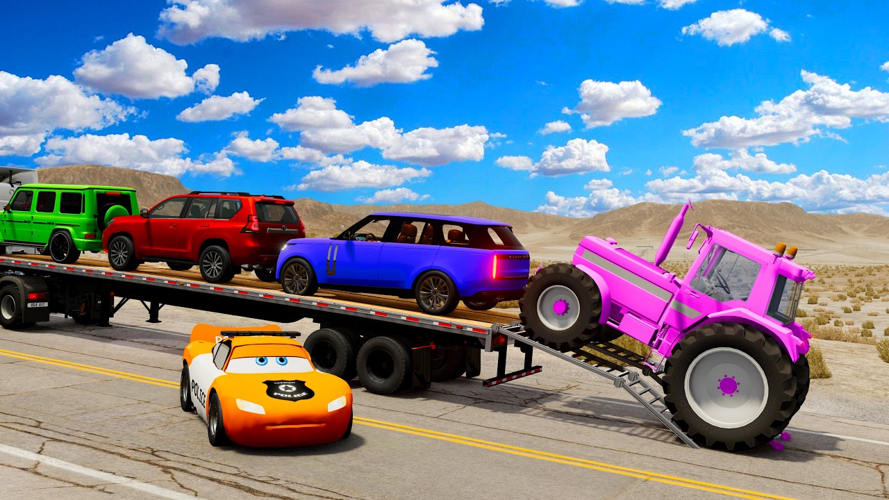Flatbed Trailer McQueen Transportation with Truck - Speedbumps vs Cars vs Train - BeamNG.Drive #7