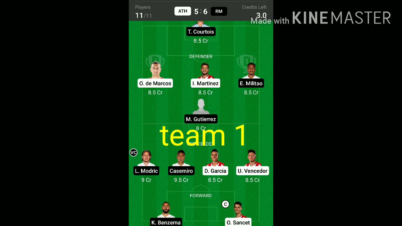 ATH vs RM football Dream 11 dream team 10 Laks price Mega contest