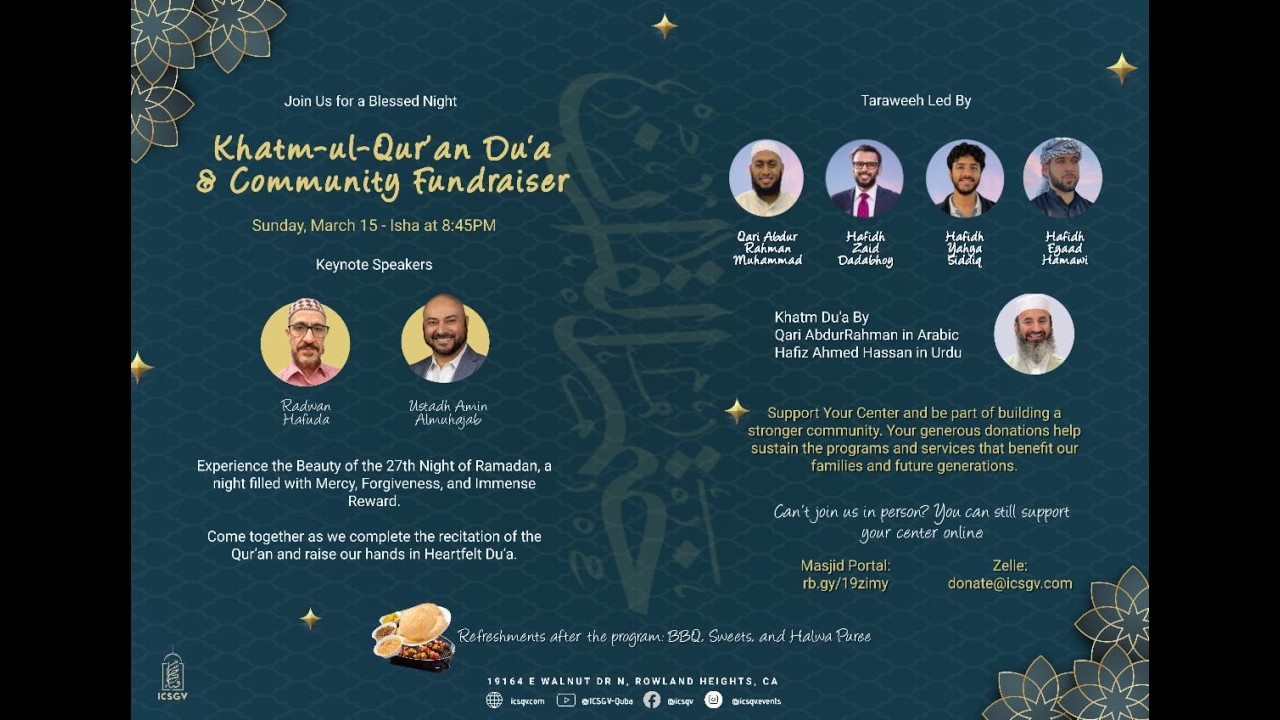 Sunday, March 15, 2026 | 27th Night of Traweeh Prayer,  Khatm-ul-Qur’an & Special Du‘a