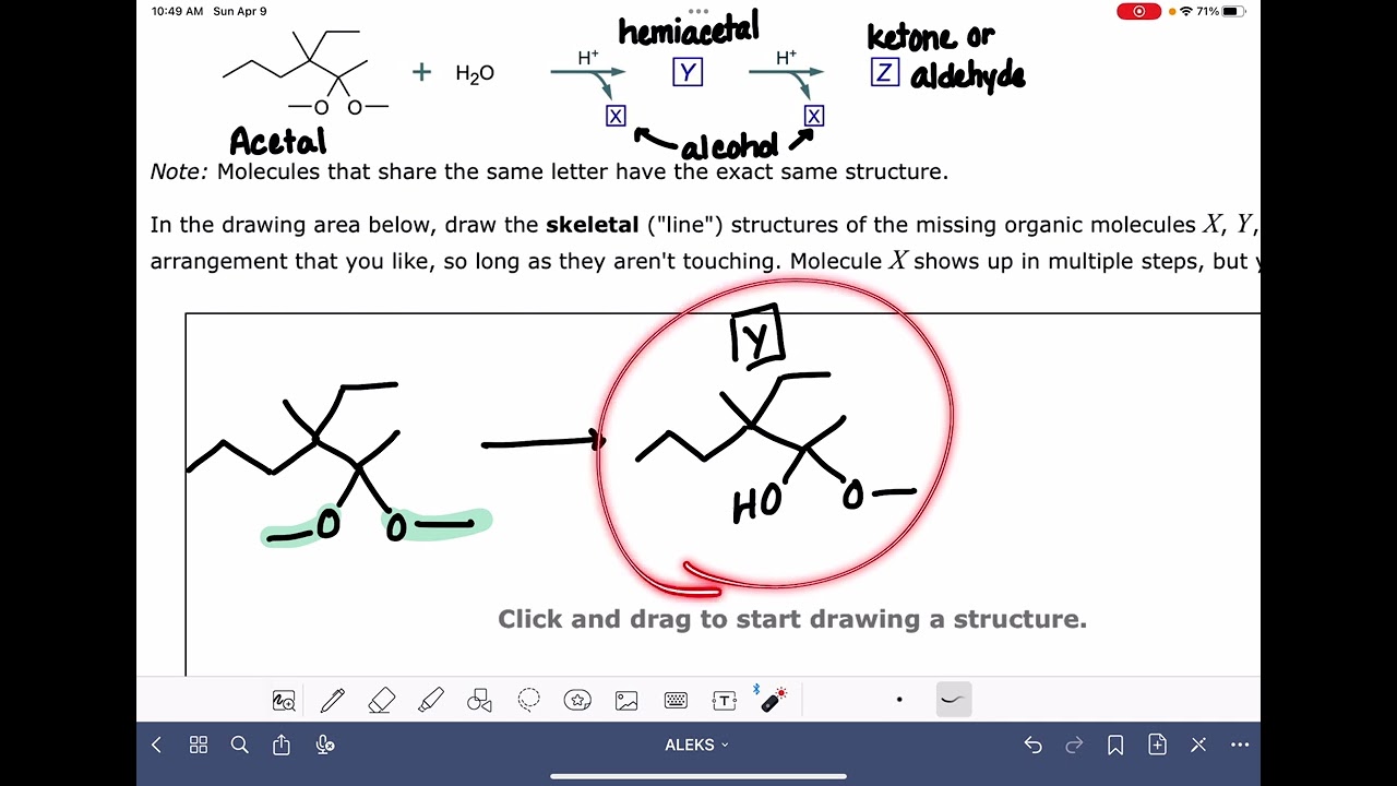 ALEKS: Predicting the reactants or products of acetal hydrolysis