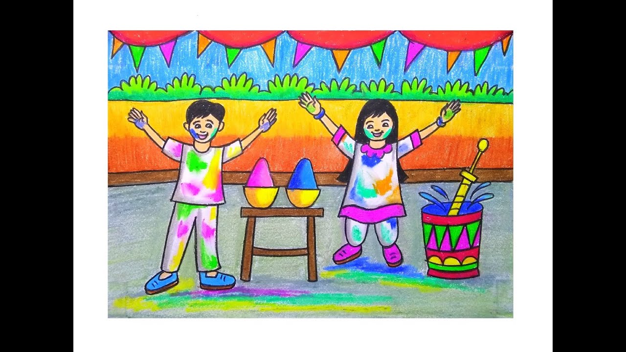 #holidrawing EASY DRAWING OF HOLI SCENERY | SCENERY DRAWING OF HOLI | HOLI FESTIVAL DRAWING