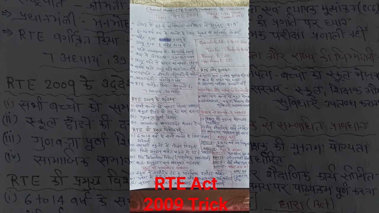 RTE 2009 का सबसे आसान Explanation |RTE Act 2009 Trick | 