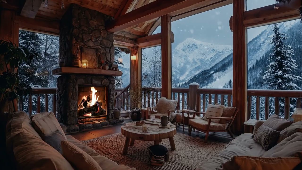 Cozy Cabin Ambienace with Crackling Fireplace and Snow for Deep Sleep