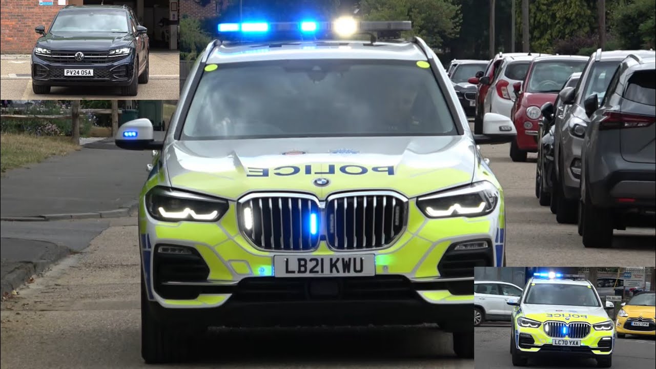 Three Surrey & Sussex Police, Armed Response Vehicles (ARVs), deploying to firearms incident. 