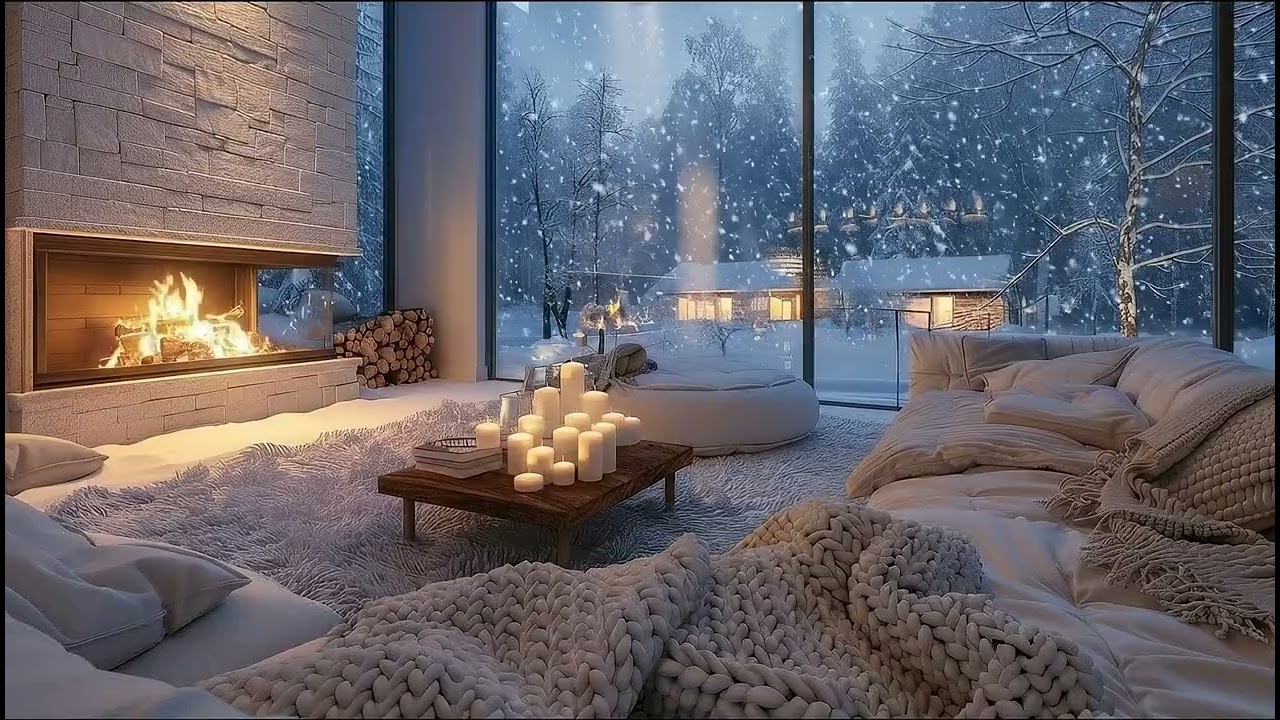 Cozy Winter Evening ❄️ Snowfall, Fireplace & Soft Piano for Deep Sleep