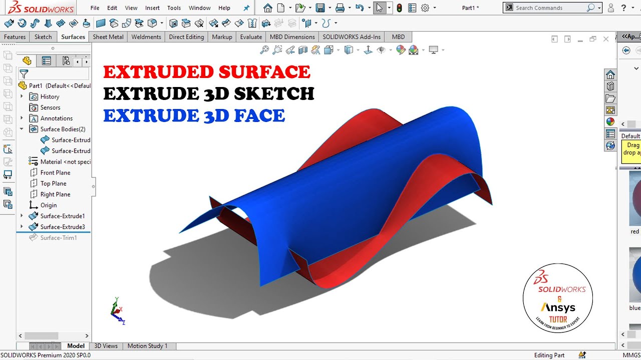 Учебное пособие по Solidworks Surface | Вытягивание поверхности