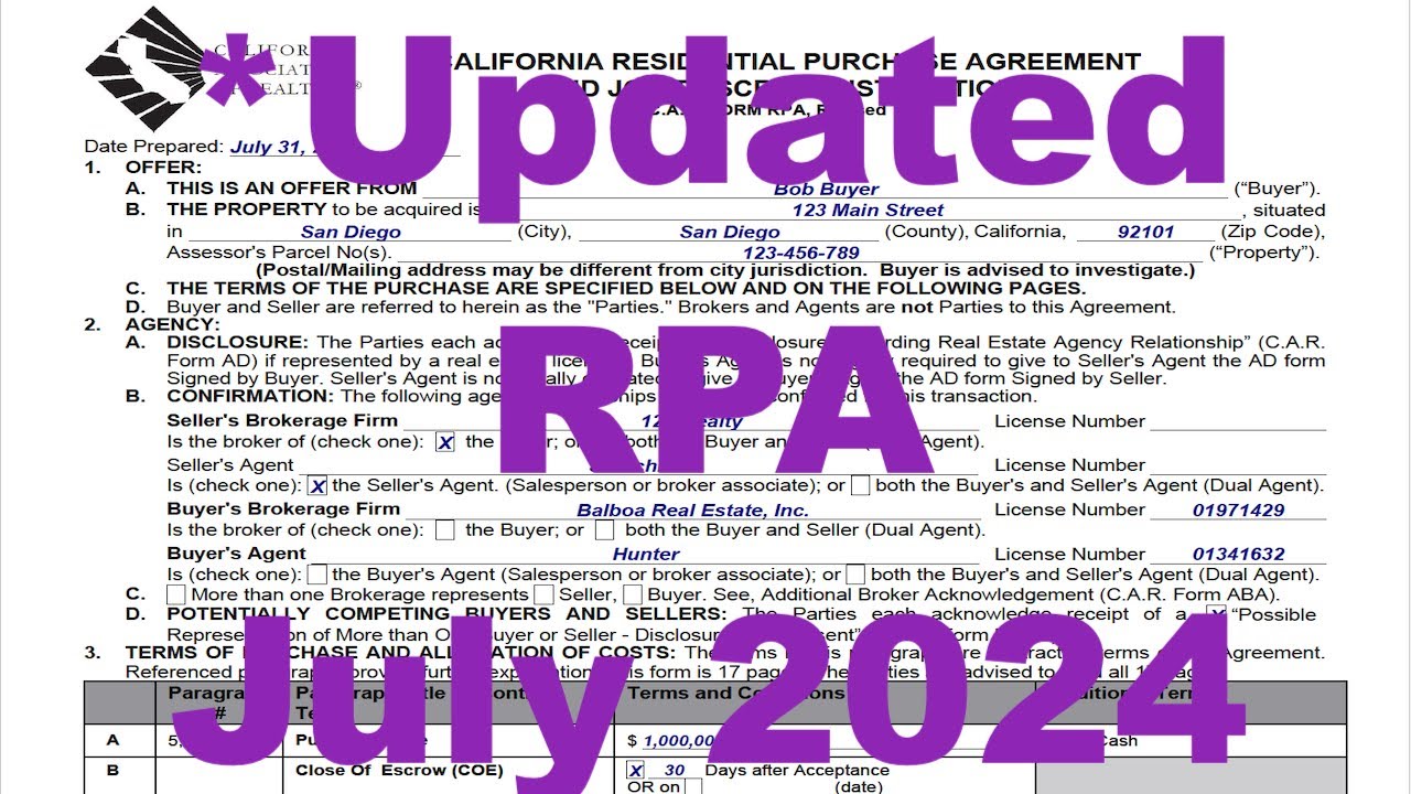 *REVISED* July 2024 California Residential Purchase Agreement and Seller Payment of Buyer's Broker