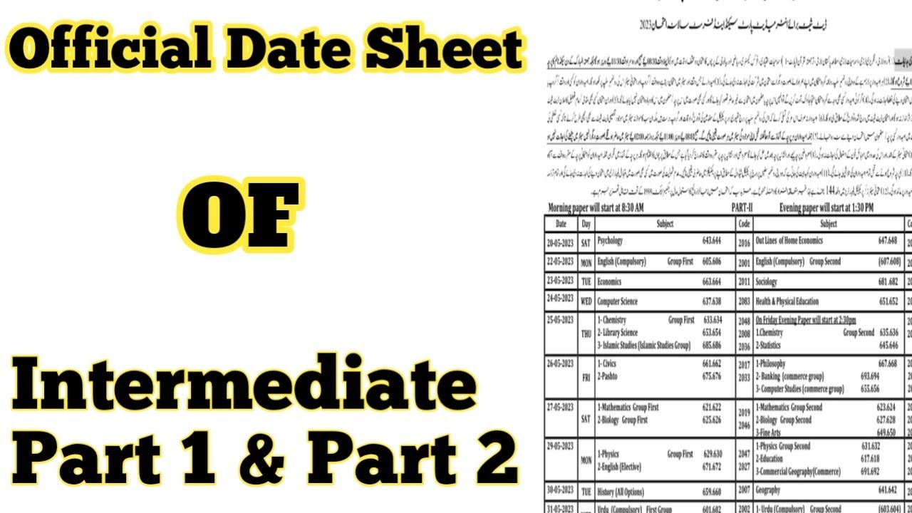 Official Date Sheet Of BISE Rawalpindi Board Part 1& Part 2, 2023 / Date Sheet Of Rawalpindi Board