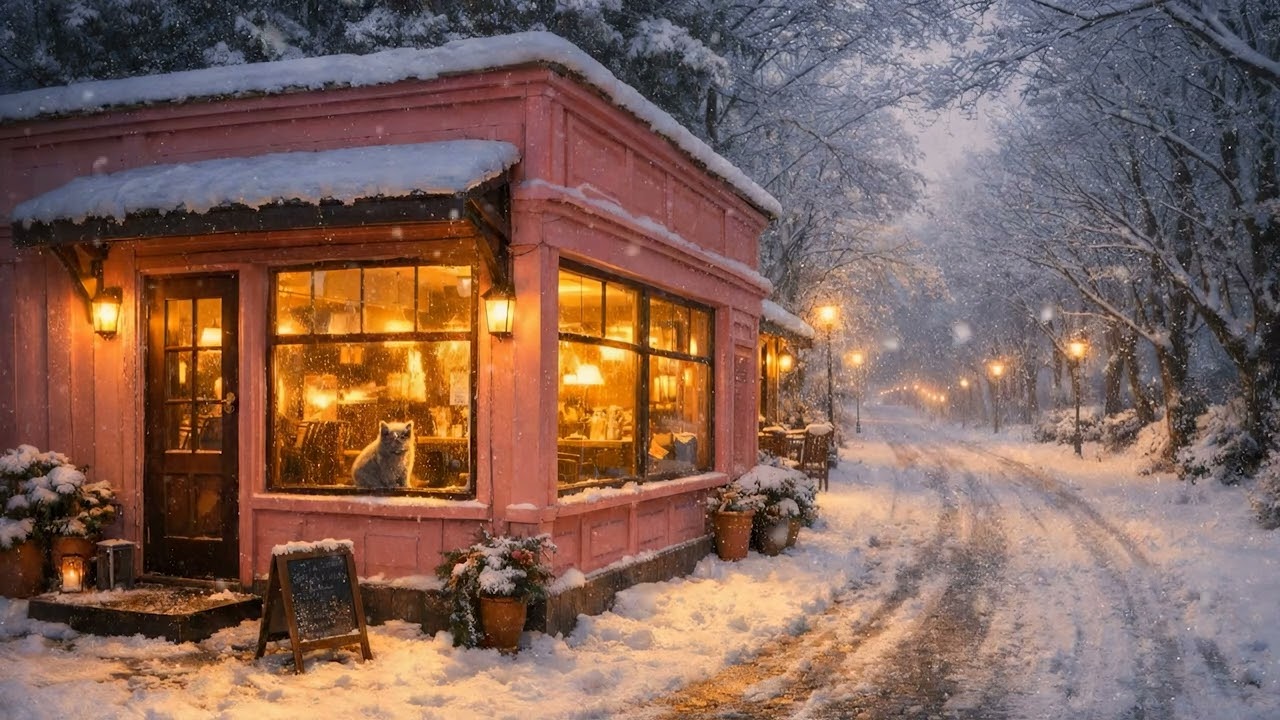 Winter Coffee Shop Ambience (Snowfall) | Soft Instrumental Jazz for Reading & Deep Focus